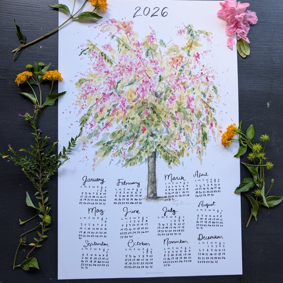Watercolor Tree 2026 Calendar: Rainbow Shower Art Print Poster - Picture 1 of 6